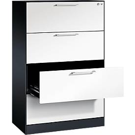 Kaartenbak, 2-voudig voor A4 liggend, 4 volledig uittrekbare laden met beugelgrepen, centrale vergrendeling, B 800 x D 435 x H 1298 mm, zwart-grijs/wit
