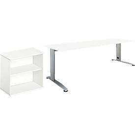 Schäfer Shop Select 2-delige kantoormeubelset  Login, bureau, B 1600 mm, wit/wit aluminium RAL 9006 + aanbouwmeubel 2OH in wit