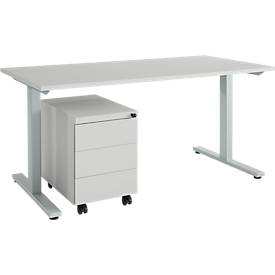 Schäfer Shop Select Schäfer Shop  Select Bureautafel m. verrijdbaar ladeblok, T-poot, staal, lichtgrijs, houten blad B 1600 x D 800 x H 735 mm, 3 schuifladen