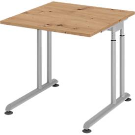 Breno bureau, handmatig in hoogte verstelbaar, horizontale kabelgoot, B 800 x D 800 x H 680-820 mm, spaanplaat & staal, eiken/zilver