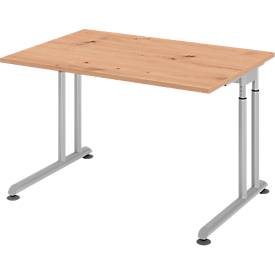 Breno bureau, handmatig in hoogte verstelbaar, horizontale kabelgoot, B 1200 x D 800 x H 680-820 mm, spaanplaat & staal, eiken/zilver