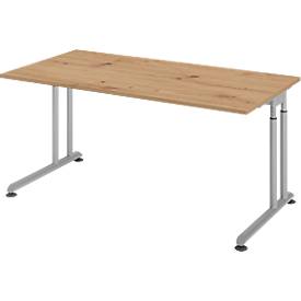 Breno bureau, handmatig in hoogte verstelbaar, horizontale kabelgoot, B 1600 x D 800 x H 680-820 mm, spaanplaat & staal, eiken/zilver