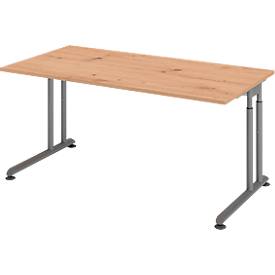 Breno bureau, handmatig in hoogte verstelbaar, horizontale kabelgoot, B 1600 x D 800 x H 680-820 mm, spaanplaat & staal, essen eik/grafiet