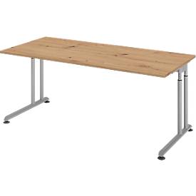 Breno bureau, handmatig in hoogte verstelbaar, horizontale kabelgoot, B 1800 x D 800 x H 680-820 mm, spaanplaat & staal, eiken/zilver