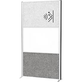 Maul verplaatsbaar wandsysteem connecto, 1 x akoestisch vlies licht, 1 x akoestisch vlies donker, 1 x whiteboard, staander, op wielen, H 1800 x B 1000 mm, zilver