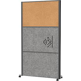 Maul verplaatsbaar wandsysteem connecto, insteekmodules, 2x akoestisch vlies, 1x kurk, klittenband, op wielen, H 1800 x B 1000 mm, antraciet