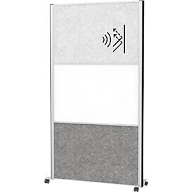 Maul verplaatsbaar wandsysteem connecto, 1x akoestisch vlies licht, 1x akoestisch vlies donker, 1x whiteboard, klittenband, op wielen, H 1800 x B 1000 mm, zilver