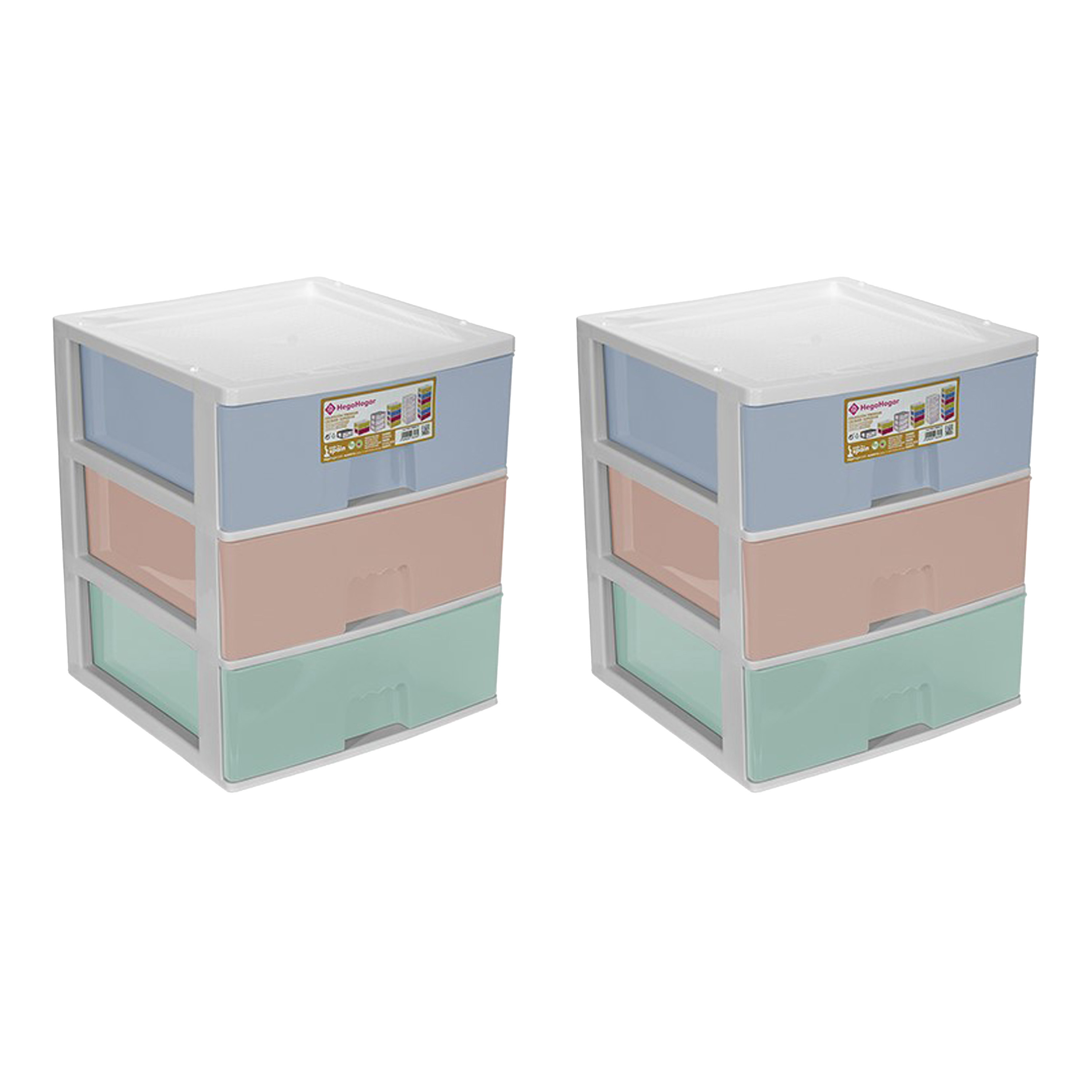 Hega Hogar Ladeblokje - 2x - 3 lades - gekleurd - x x cm - kunststof - ladekastje -