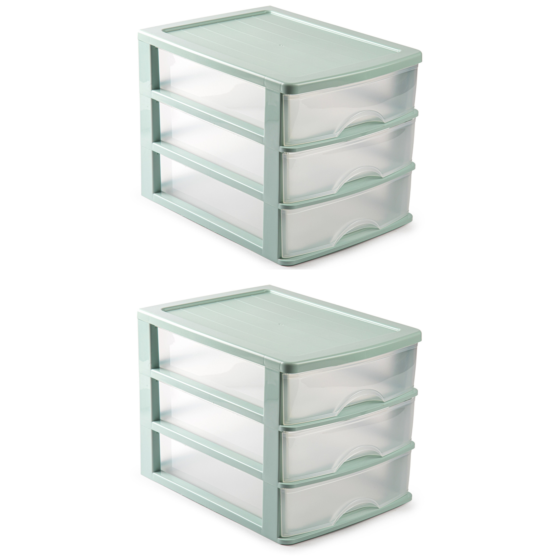 PlasticForte 3x stuks ladeblok/bureau organizer met 3 lades groen/transparant 35,5 x B 27 x H 26 cm -