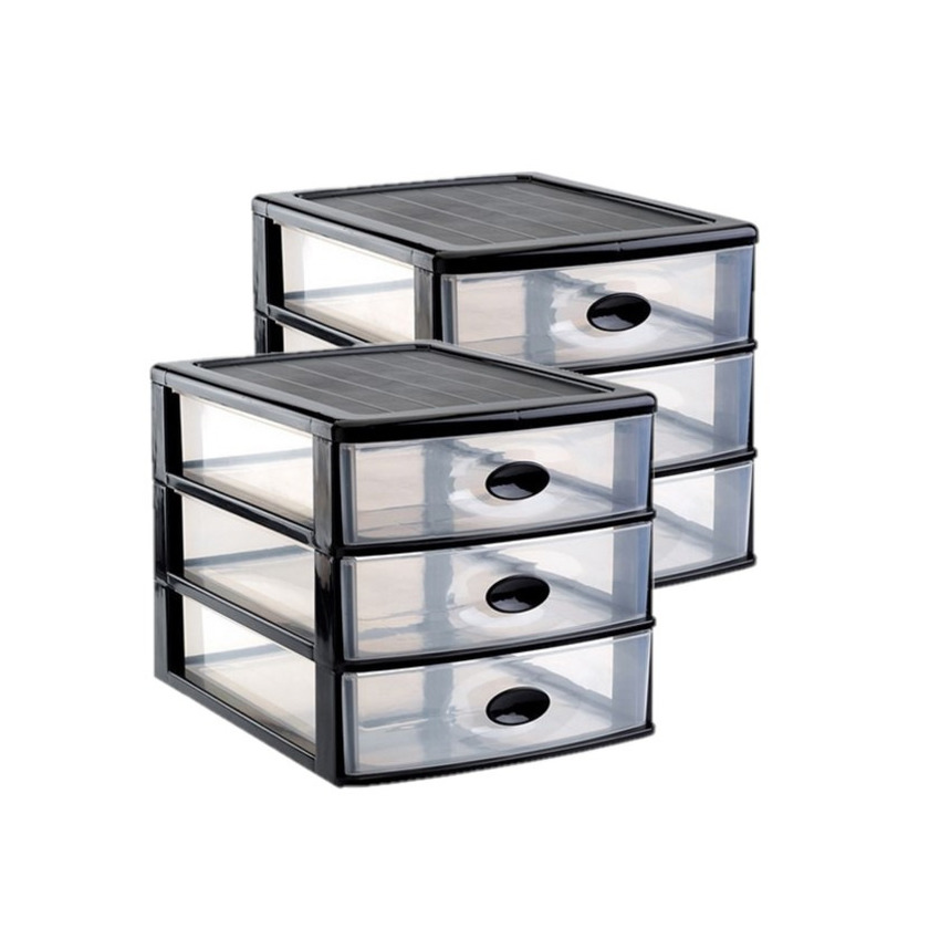 PlasticForte 3x stuks ladeblok/bureau organizer met 3x lades zwart/transparant L35,5 x B27 x H27 cm -