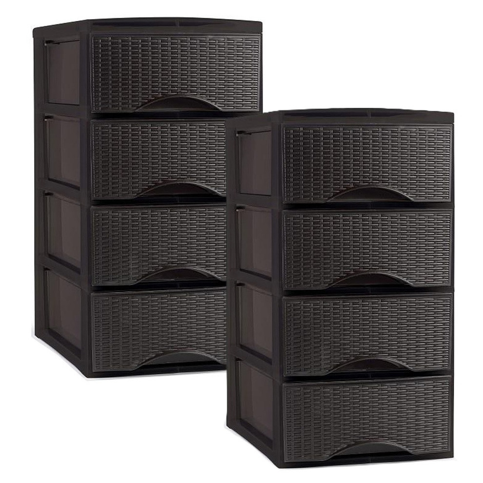 PlasticForte Ladeblok - 2x - 4 lades - kunststof - bruin - rotan - bureau - 26 x x 49 cm -