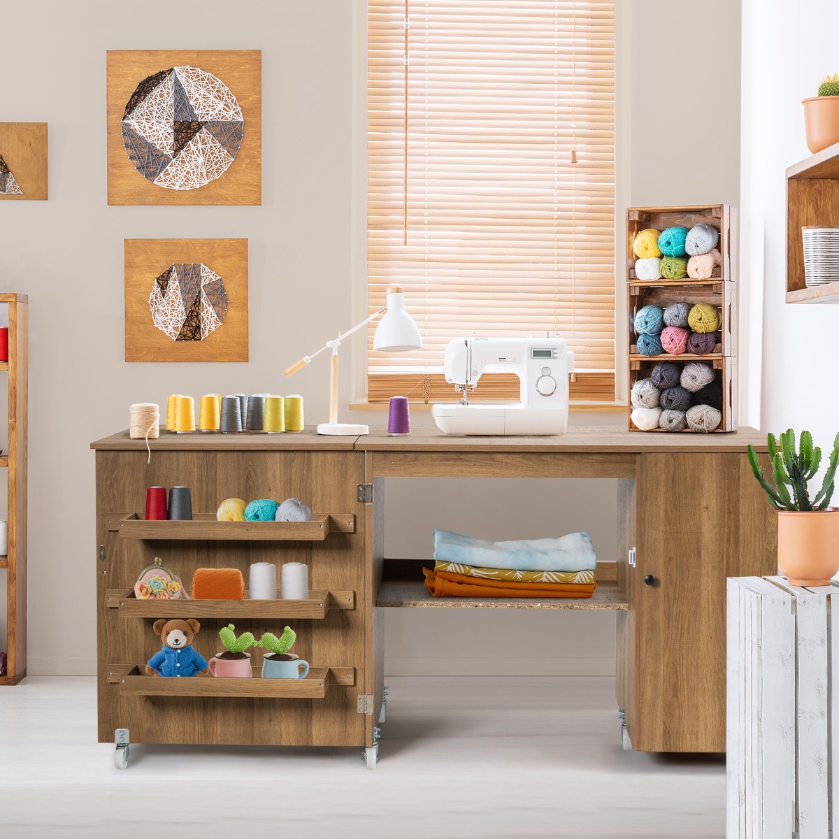 Costway Opklapbare Naaitafel Veelzijdige Knutseltafel met Breed Werkblad 158 x 50 x 75 cm Bruin
