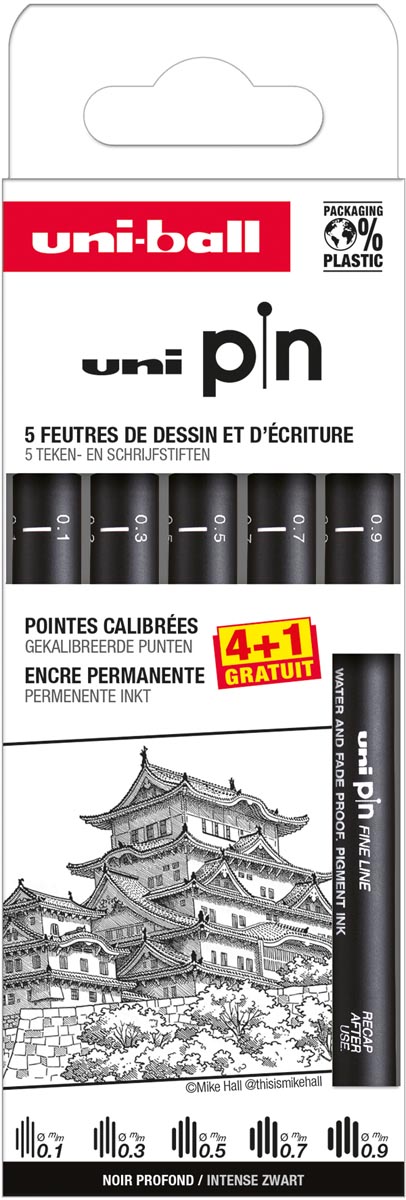 Uni-ball Uni Pin fineliner, gekalibreerde punten, zwart, 0,1-0,3-0,5-0,7-0,9 mm, blister van 4 + 1 gratis