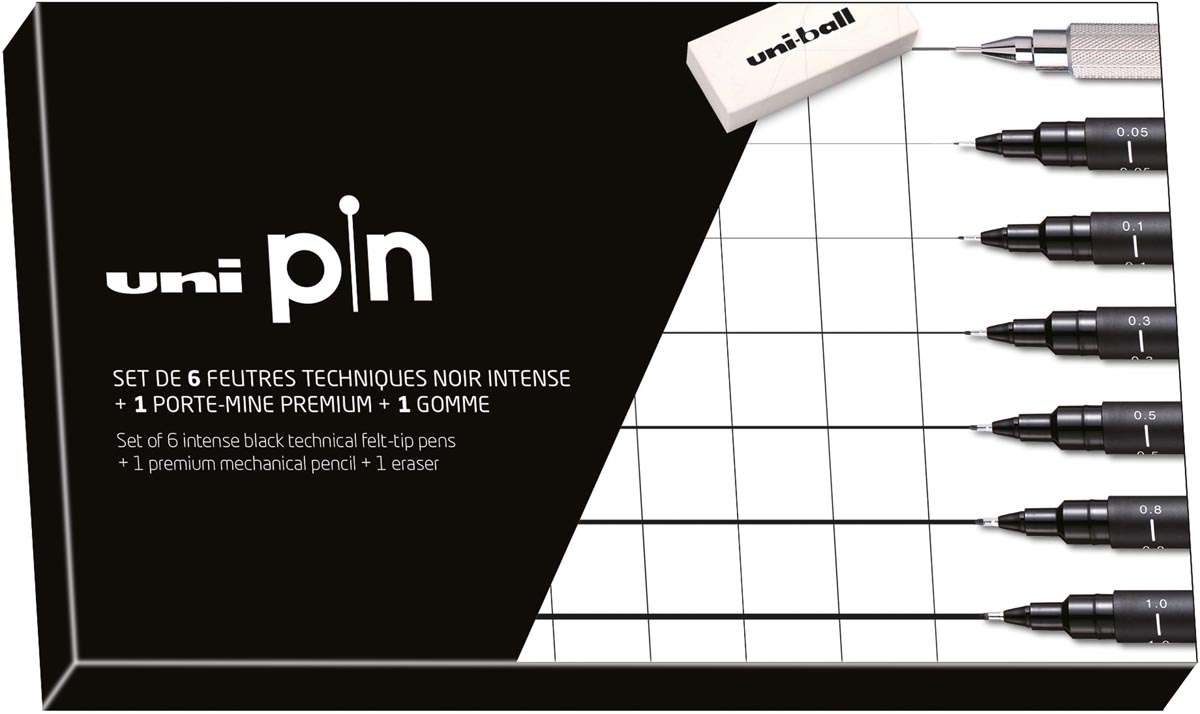 Uni-ball Uni Pin fineliner, ronde punt, zwart, doos van 6 stiften + vulpotlood en gom