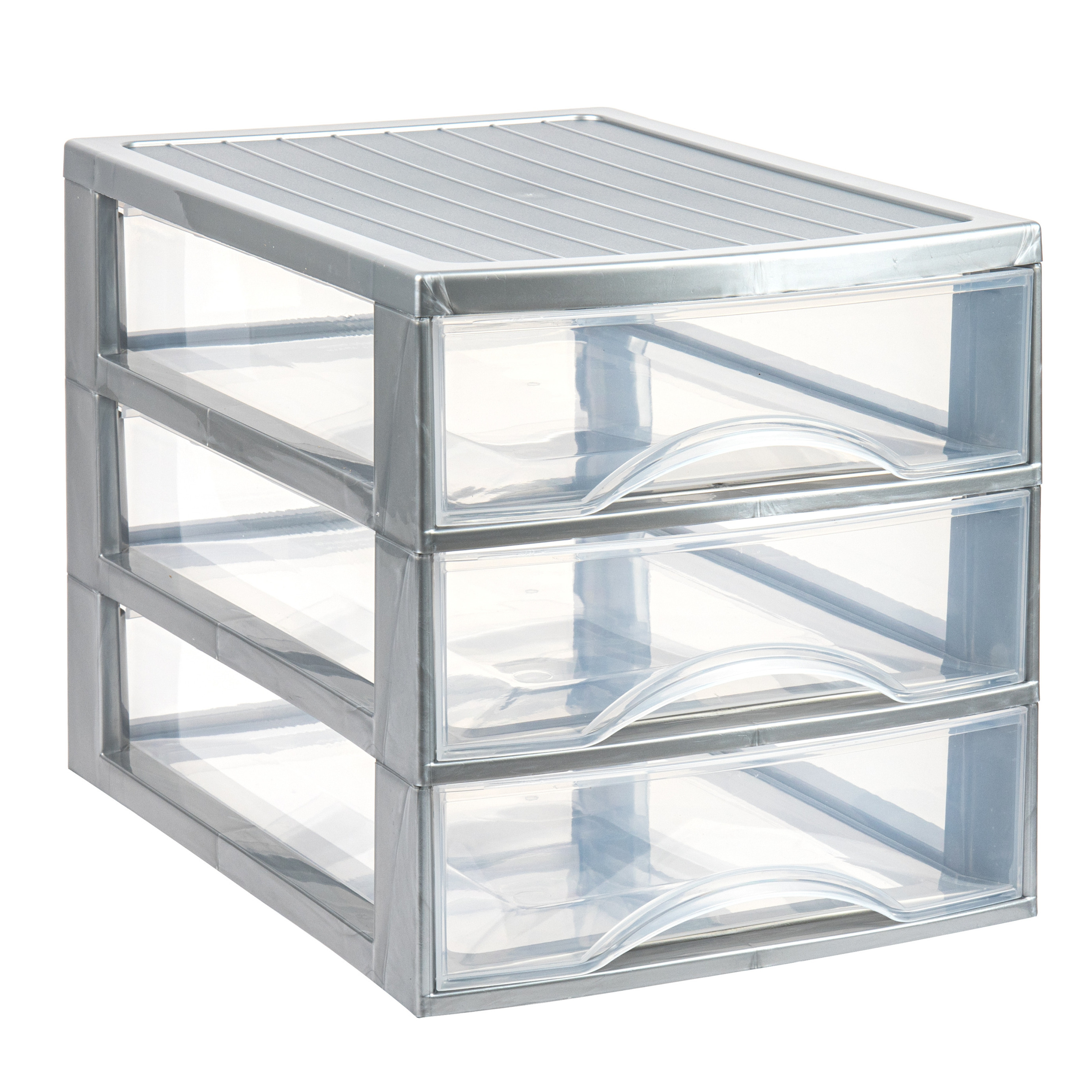 PlasticForte Ladekastje bureau organizer - 3 lades - zilver/transparant - L26 x B35 x H27 cm - kunststof -
