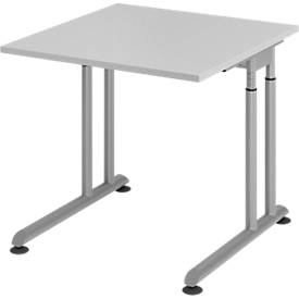 Breno bureau, handmatig in hoogte verstelbaar, horizontale kabelgoot, B 800 x D 800 x H 680-820 mm, spaanplaat & staal, lichtgrijs/zilver