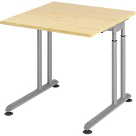 Breno bureau, handmatig in hoogte verstelbaar, horizontale kabelgoot, B 800 x D 800 x H 680-820 mm, spaanplaat & staal, ahorn/zilver