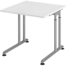 Breno bureau, handmatig in hoogte verstelbaar, horizontale kabelgoot, B 800 x D 800 x H 680-820 mm, spaanplaat & staal, wit/zilver