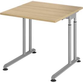 Breno bureau, handmatig in hoogte verstelbaar, horizontale kabelgoot, B 800 x D 800 x H 680-820 mm, spaanplaat & staal, eiken/zilver