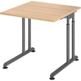 Breno bureau, handmatig in hoogte verstelbaar, horizontale kabelgoot, B 800 x D 800 x H 680-820 mm, spaanplaat & staal, eik/grafiet