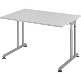 Breno bureau, handmatig in hoogte verstelbaar, horizontale kabelgoot, B 1200 x D 800 x H 680-820 mm, spaanplaat & staal, lichtgrijs/zilver