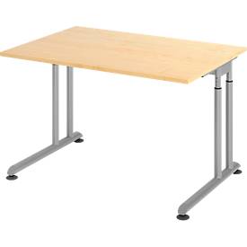 Breno bureau, handmatig in hoogte verstelbaar, horizontale kabelgoot, B 1200 x D 800 x H 680-820 mm, spaanplaat & staal, ahorn/zilver