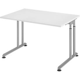 Breno bureau, handmatig in hoogte verstelbaar, horizontale kabelgoot, B 1200 x D 800 x H 680-820 mm, spaanplaat & staal, wit/zilver