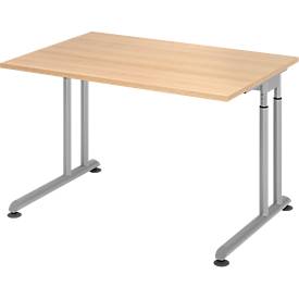 Breno bureau, handmatig in hoogte verstelbaar, horizontale kabelgoot, B 1200 x D 800 x H 680-820 mm, spaanplaat & staal, eiken/zilver