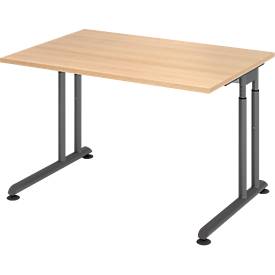 Breno bureau, handmatig in hoogte verstelbaar, horizontale kabelgoot, B 1200 x D 800 x H 680-820 mm, spaanplaat & staal, eik/grafiet