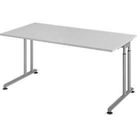 Breno bureau, handmatig in hoogte verstelbaar, horizontale kabelgoot, B 1600 x D 800 x H 680-820 mm, spaanplaat & staal, lichtgrijs/zilver