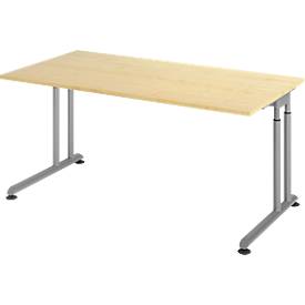Breno bureau, handmatig in hoogte verstelbaar, horizontale kabelgoot, B 1600 x D 800 x H 680-820 mm, spaanplaat & staal, ahorn/zilver