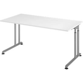 Breno bureau, handmatig in hoogte verstelbaar, horizontale kabelgoot, B 1600 x D 800 x H 680-820 mm, spaanplaat & staal, wit/zilver