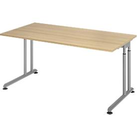Breno bureau, handmatig in hoogte verstelbaar, horizontale kabelgoot, B 1600 x D 800 x H 680-820 mm, spaanplaat & staal, eiken/zilver