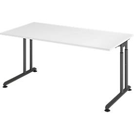 Bureau Breno, handmatige hoogteverstelling, horizontale kabelgoot, B 1600 x D 800 x H 680-820 mm, spaanplaat & staal, wit/graphite