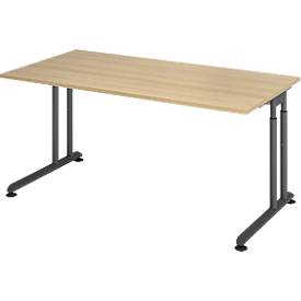 Breno bureau, handmatig in hoogte verstelbaar, horizontale kabelgoot, B 1600 x D 800 x H 680-820 mm, spaanplaat & staal, eik/grafiet