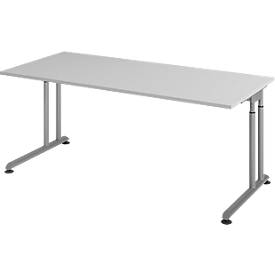 Breno bureau, handmatig in hoogte verstelbaar, horizontale kabelgoot, B 1800 x D 800 x H 680-820 mm, spaanplaat & staal, lichtgrijs/zilver