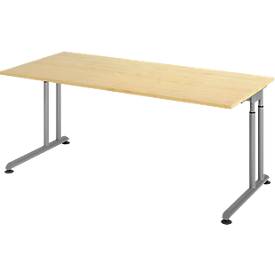 Breno bureau, handmatig in hoogte verstelbaar, horizontale kabelgoot, B 1800 x D 800 x H 680-820 mm, spaanplaat & staal, ahorn/zilver