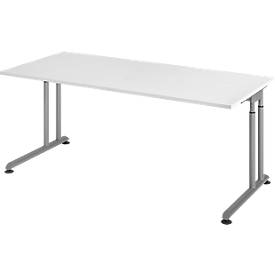 Breno bureau, handmatig in hoogte verstelbaar, horizontale kabelgoot, B 1800 x D 800 x H 680-820 mm, spaanplaat & staal, wit/zilver
