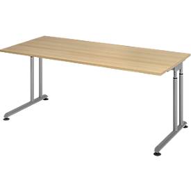 Breno bureau, handmatig in hoogte verstelbaar, horizontale kabelgoot, B 1600 x D 800 x H 680-820 mm, spaanplaat & staal, eiken/zilver