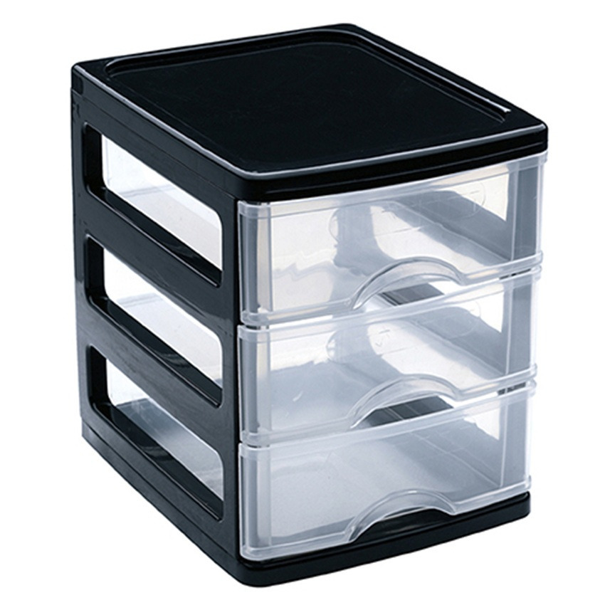 PlasticForte Ladekastje bureau organizer - 3 lades - zwart/transparant - L13 x B17 x H17 cm - kunststof -