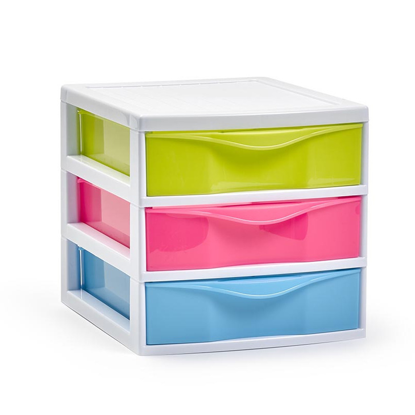 PlasticForte Ladekastje bureau organizer - 3x lades - mix kleuren - L18 x B22 x H17 cm - kunststof -