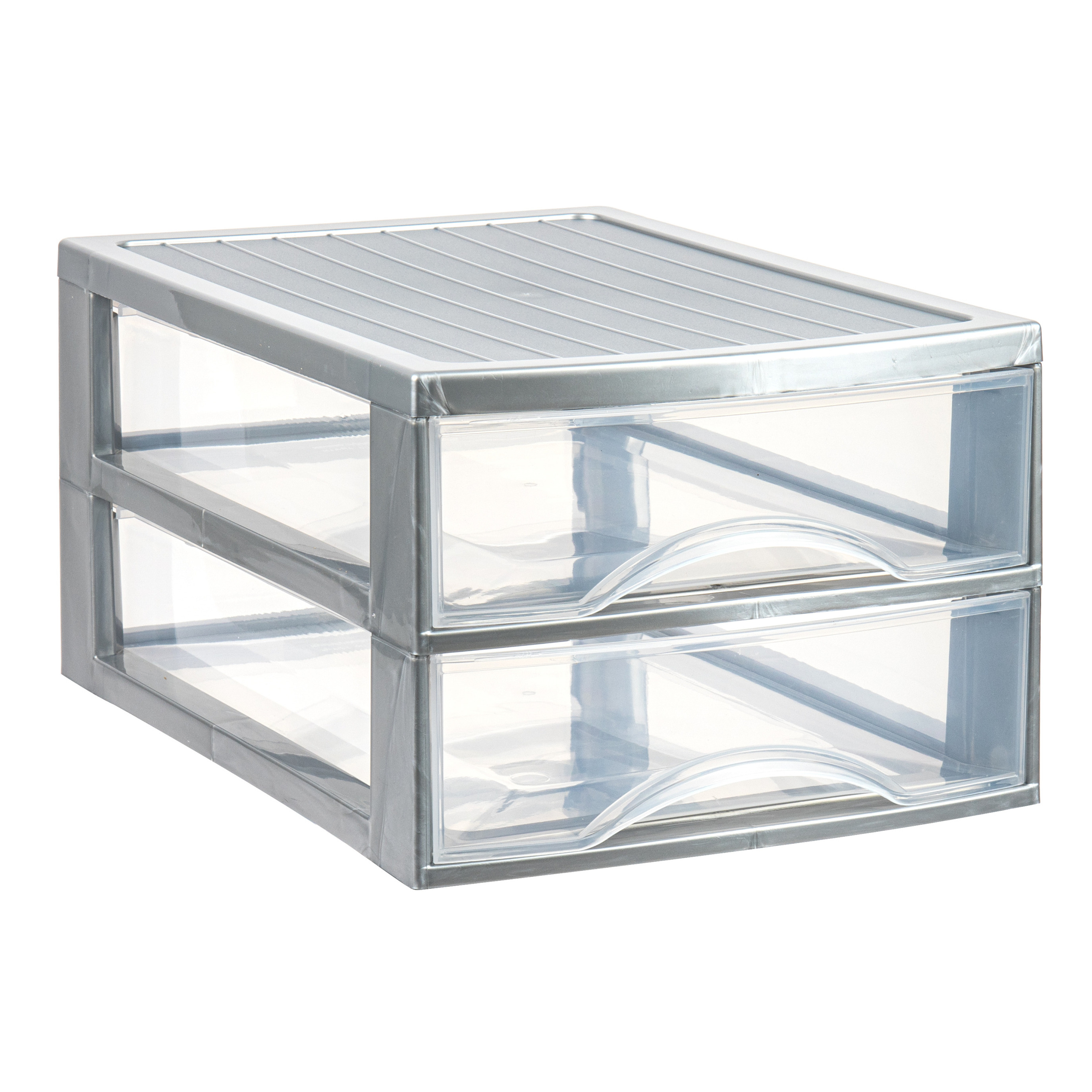 PlasticForte Ladekastje bureau organizer - 2 lades - zilver/transparant - L26 x B35 x H19 cm - kunststof -