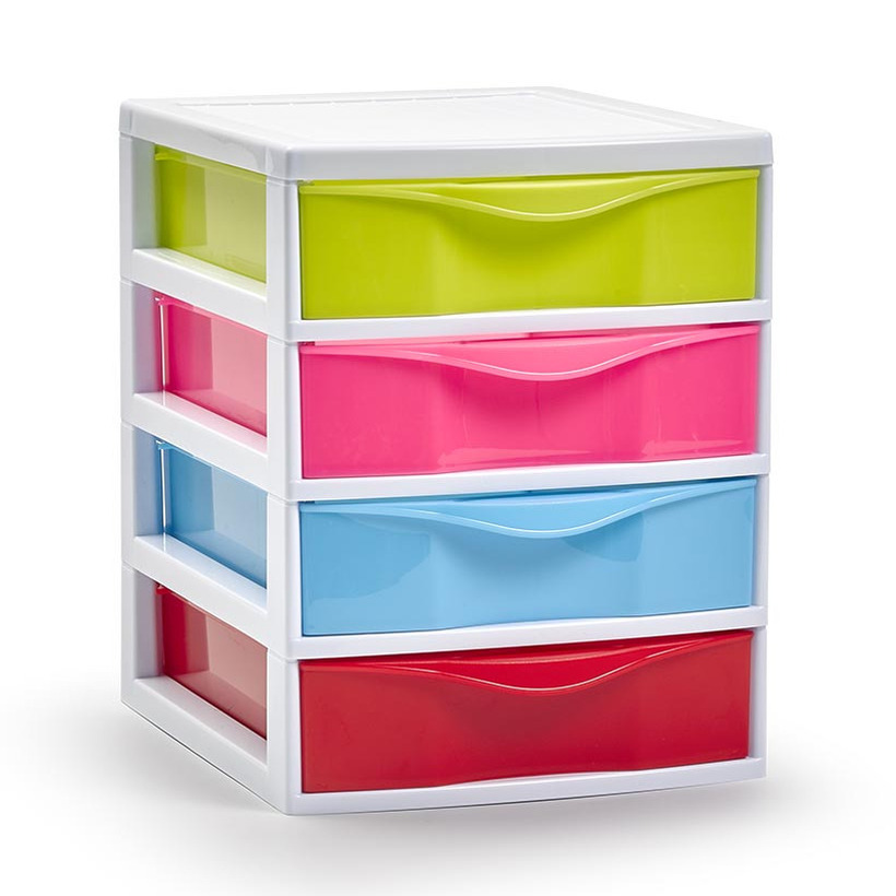PlasticForte Ladekastje bureau organizer - 4x lades - mix kleuren - L18 x B22 x H23 cm - kunststof -
