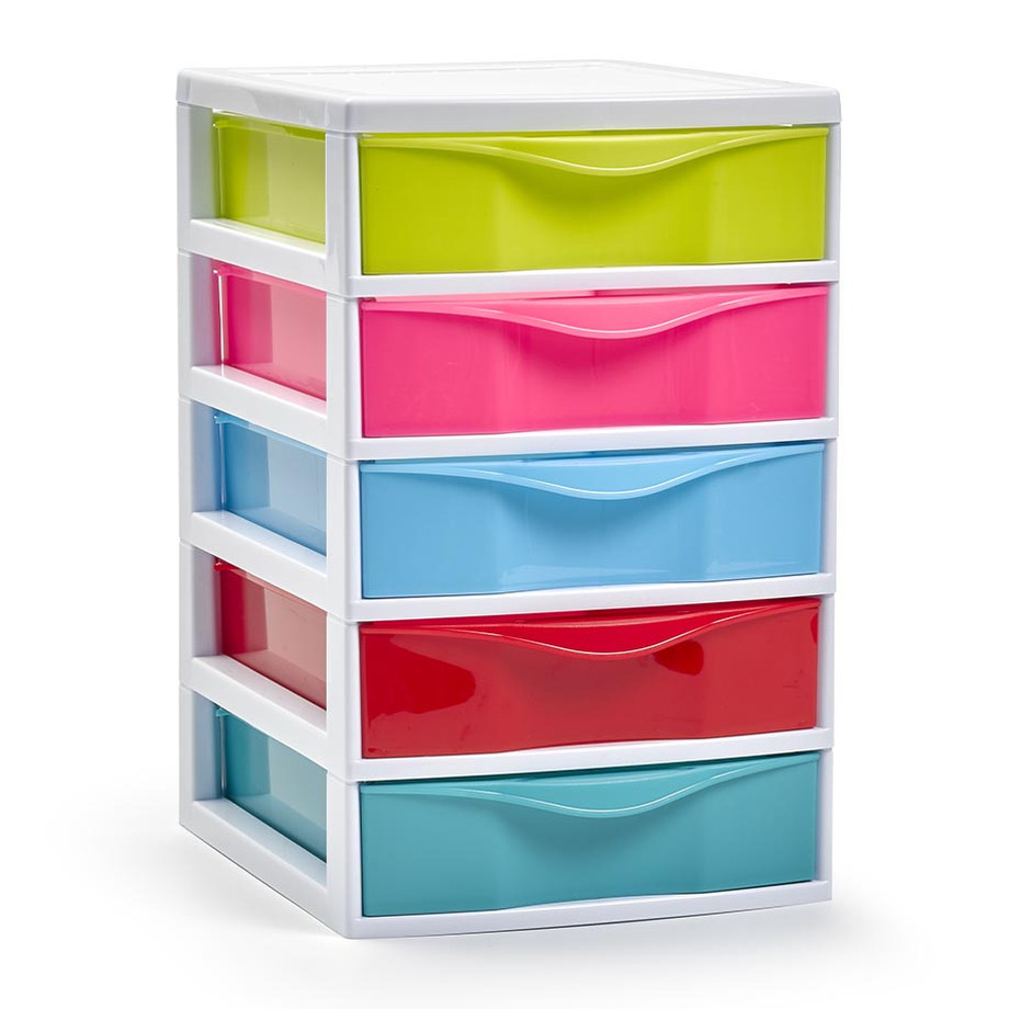 PlasticForte Ladekastje bureau organizer - 5x lades - mix kleuren - L18 x B22 x H28 cm - kunststof -