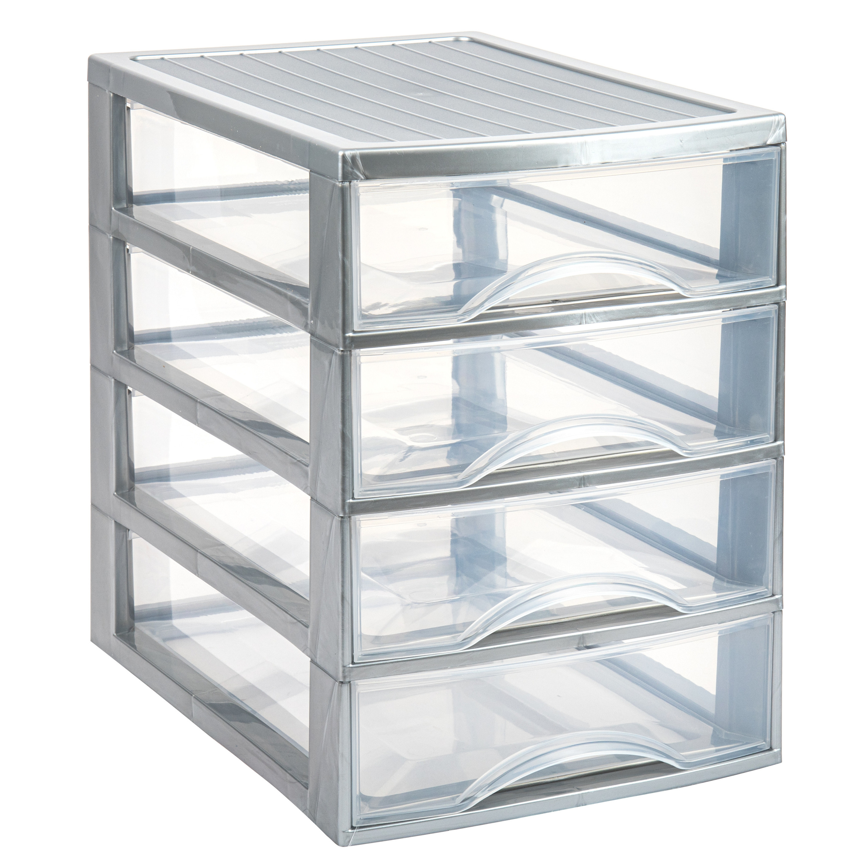 PlasticForte Ladekastje bureau organizer - 4x lades - zilver/transparant - L26 x B35 x H36 cm - kunststof -