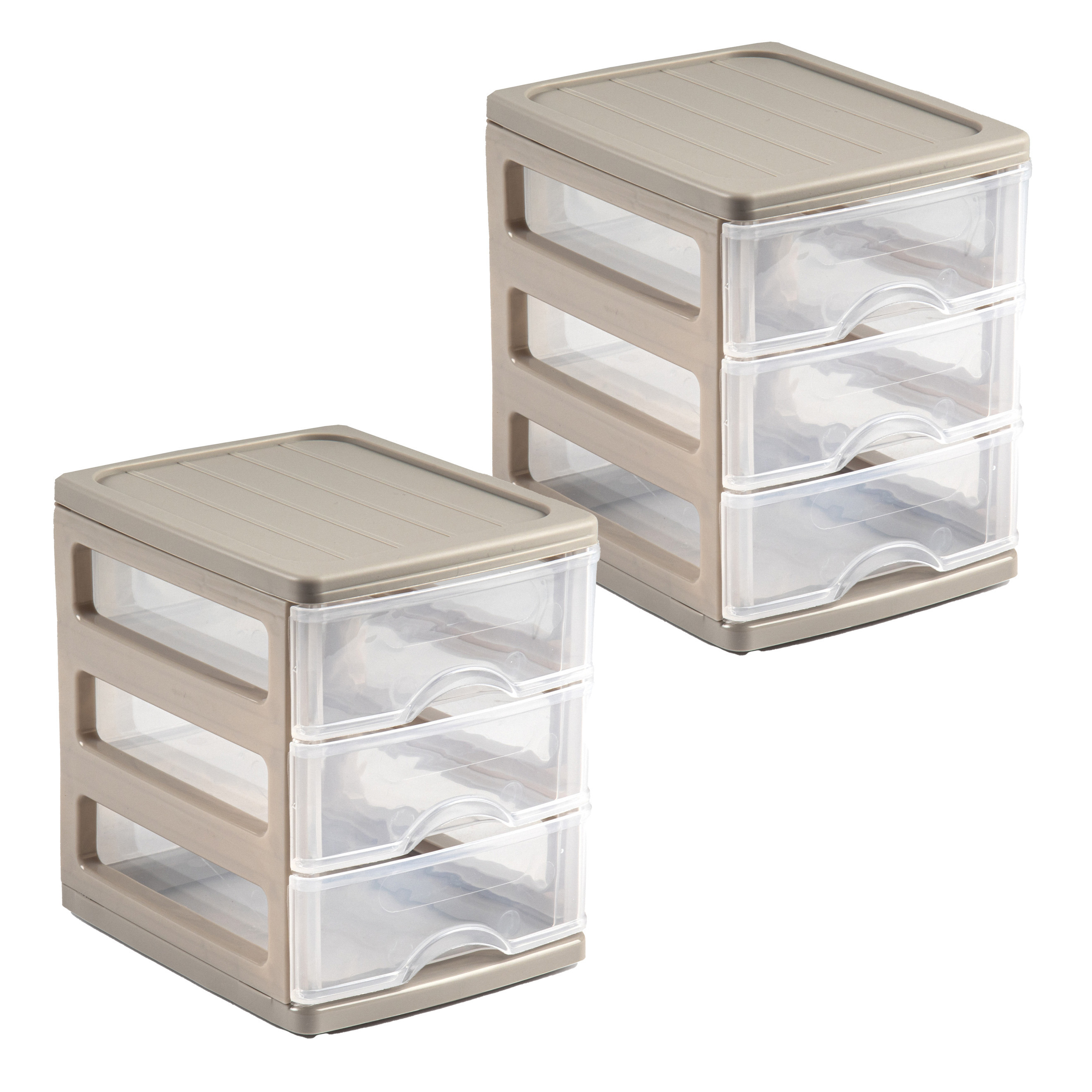 PlasticForte Ladekastje bureau organizer - 2x - 3 lades - beige/transparant - L13 x B17 x H17 cm - kunststof -