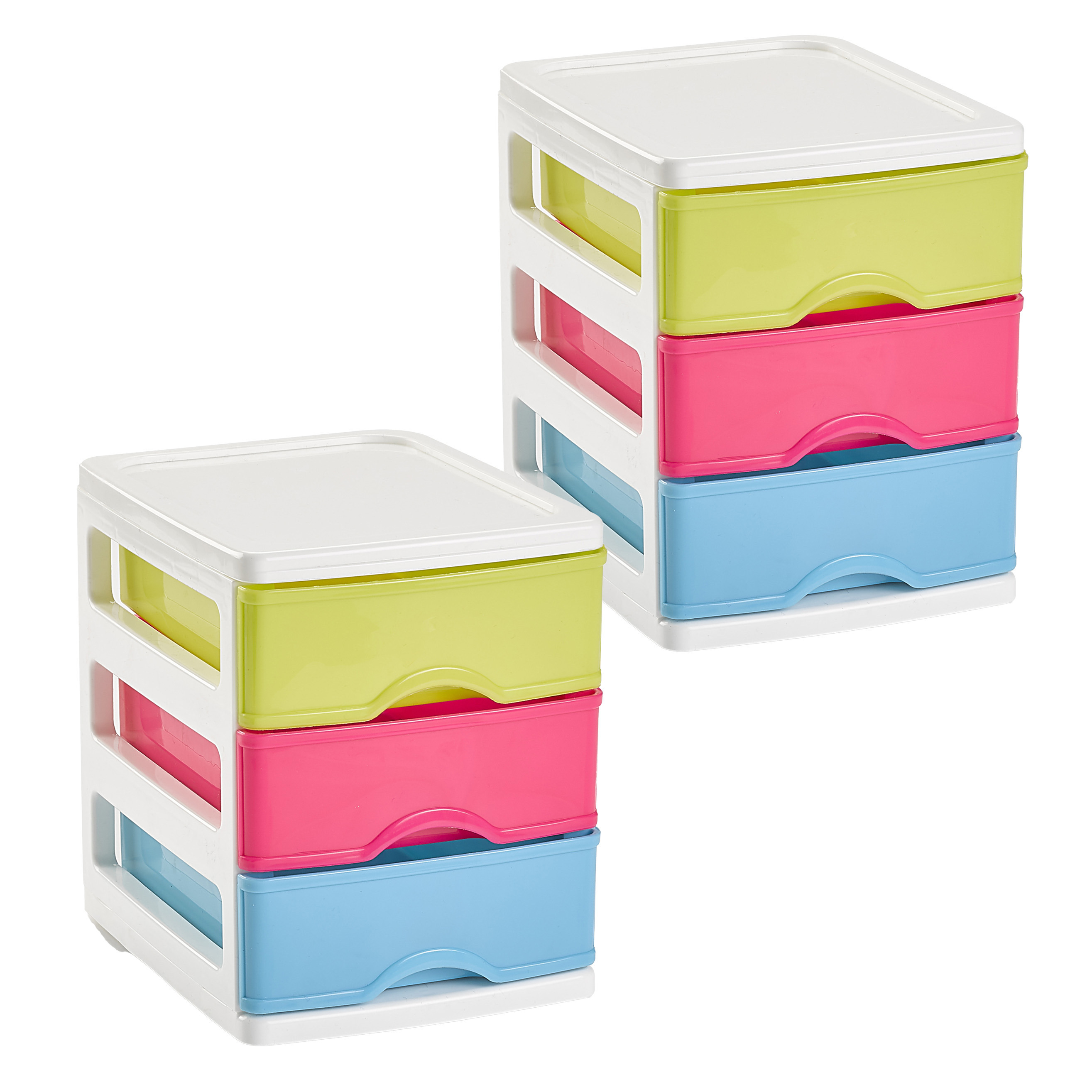 PlasticForte Ladekastje bureau organizer - 2x - 3 lades - mix kleuren - L13 x B17 x H17 cm - kunststof -
