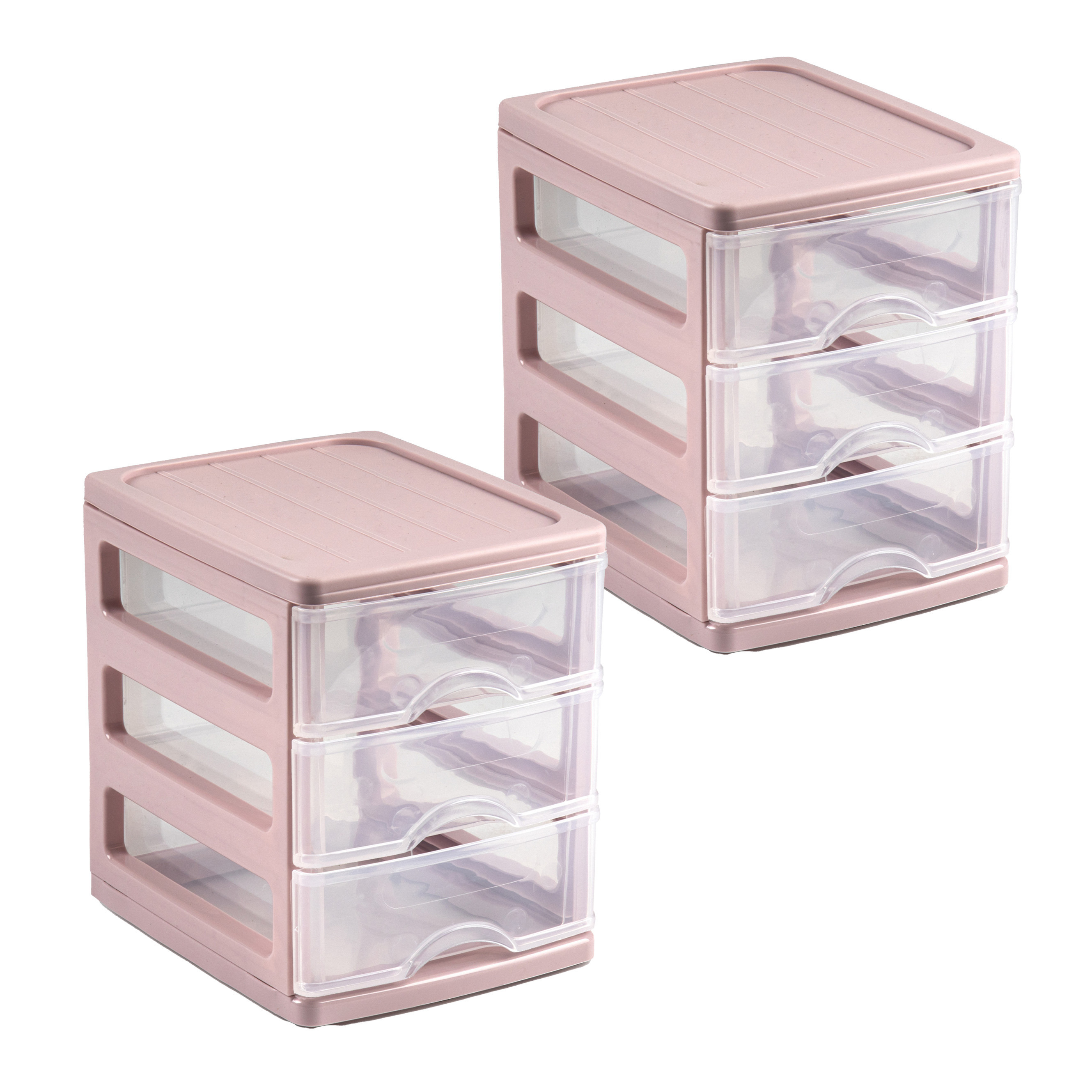 PlasticForte Ladekastje bureau organizer - 2x - 3 lades - roze/transparant - L13 x B17 x H17 cm - kunststof -