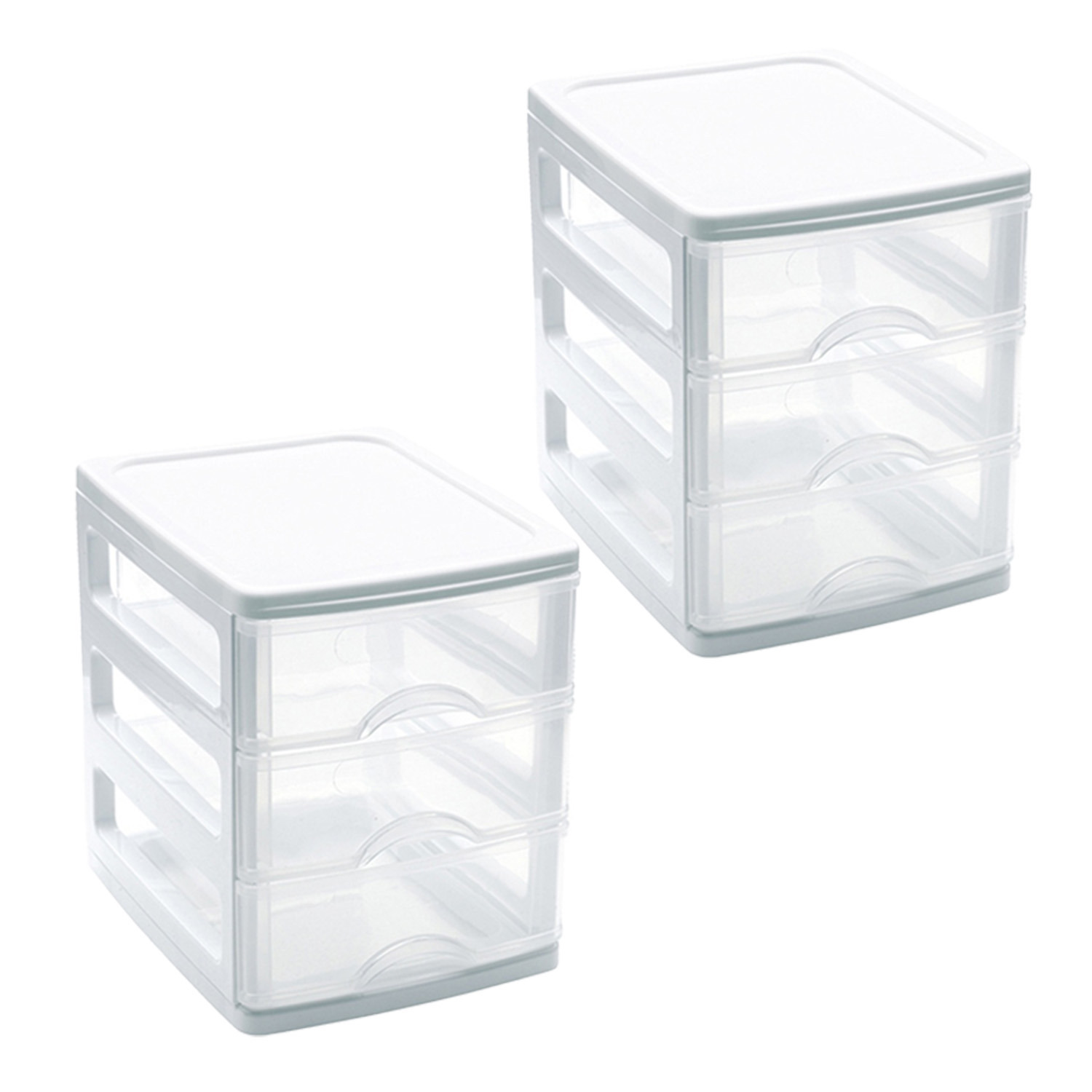 PlasticForte Ladekastje bureau organizer - 2x - 3 lades - wit/transparant - L13 x B17 x H17 cm - kunststof -