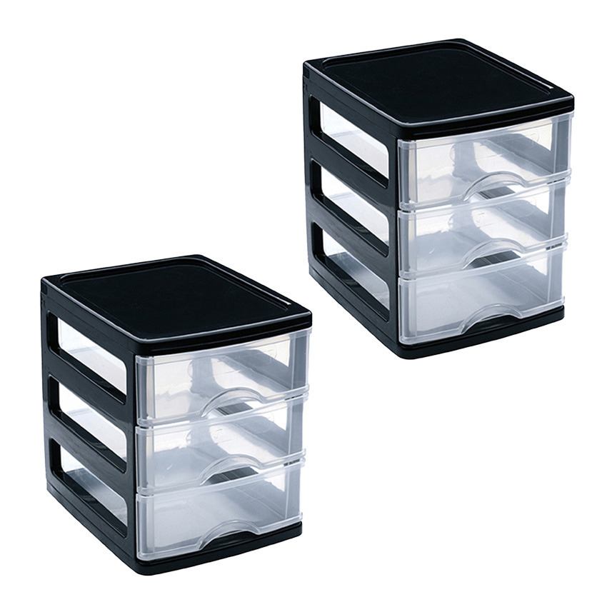 PlasticForte Ladekastje bureau organizer - 2x - 3 lades - zwart/transparant - L13 x B17 x H17 cm - kunststof -